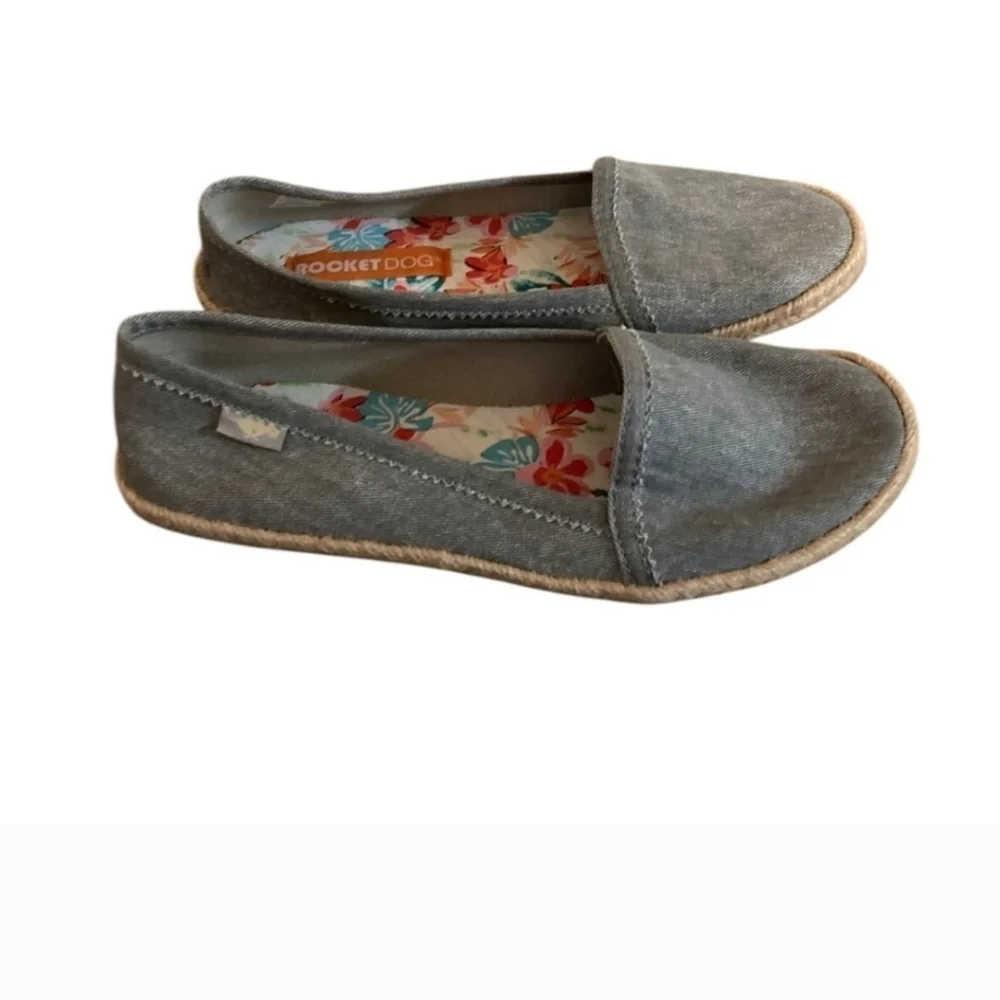 Rocket Dog Shoes Womens Size 6.5 Denim Espadrille Flats Slide On Blue Tan White